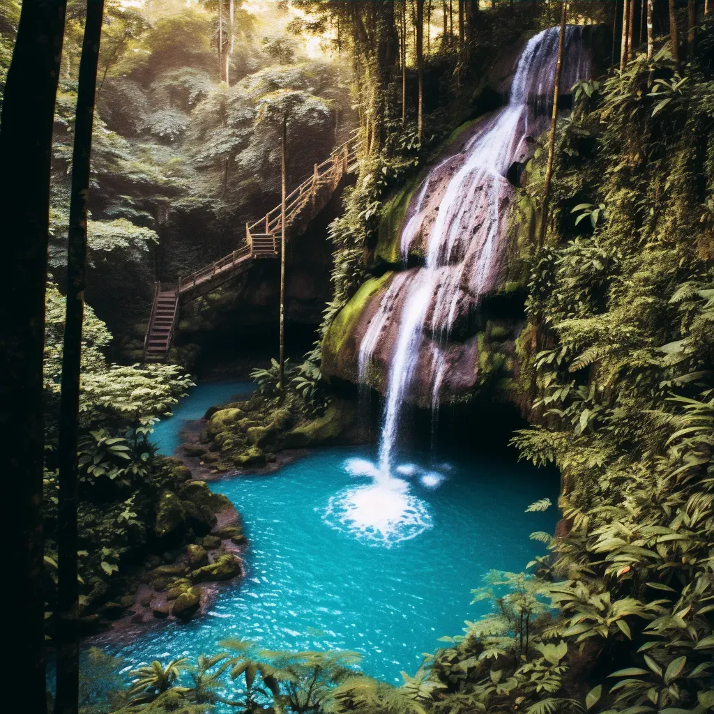 Aerial view of a waterfall plunging into a turquoise pool in a lush jungle - Image 3