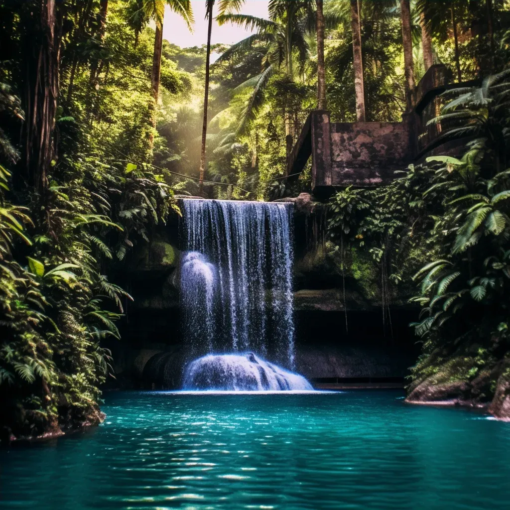 Aerial view of a waterfall plunging into a turquoise pool in a lush jungle - Image 4