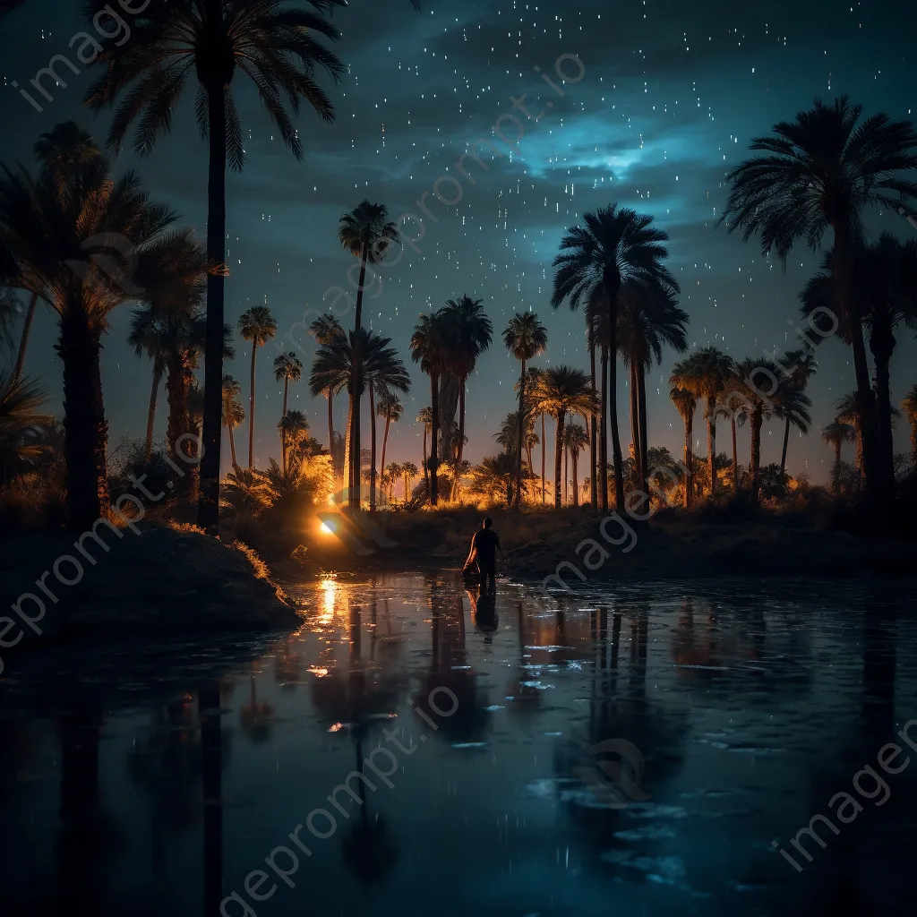 Dusk scene at a desert oasis with fireflies - Image 1