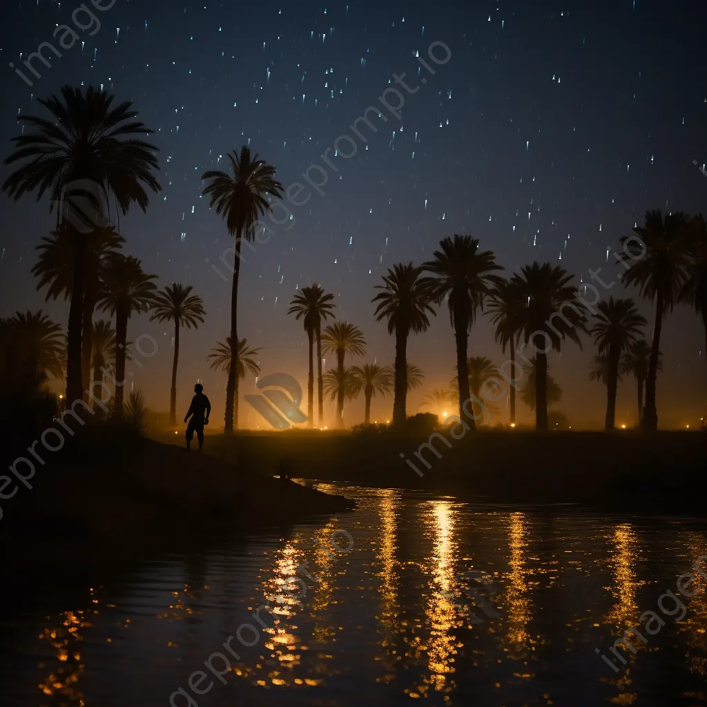 Dusk scene at a desert oasis with fireflies - Image 3