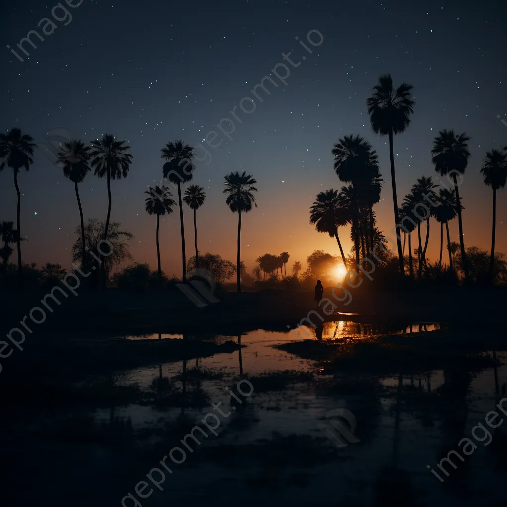 Dusk scene at a desert oasis with fireflies - Image 4