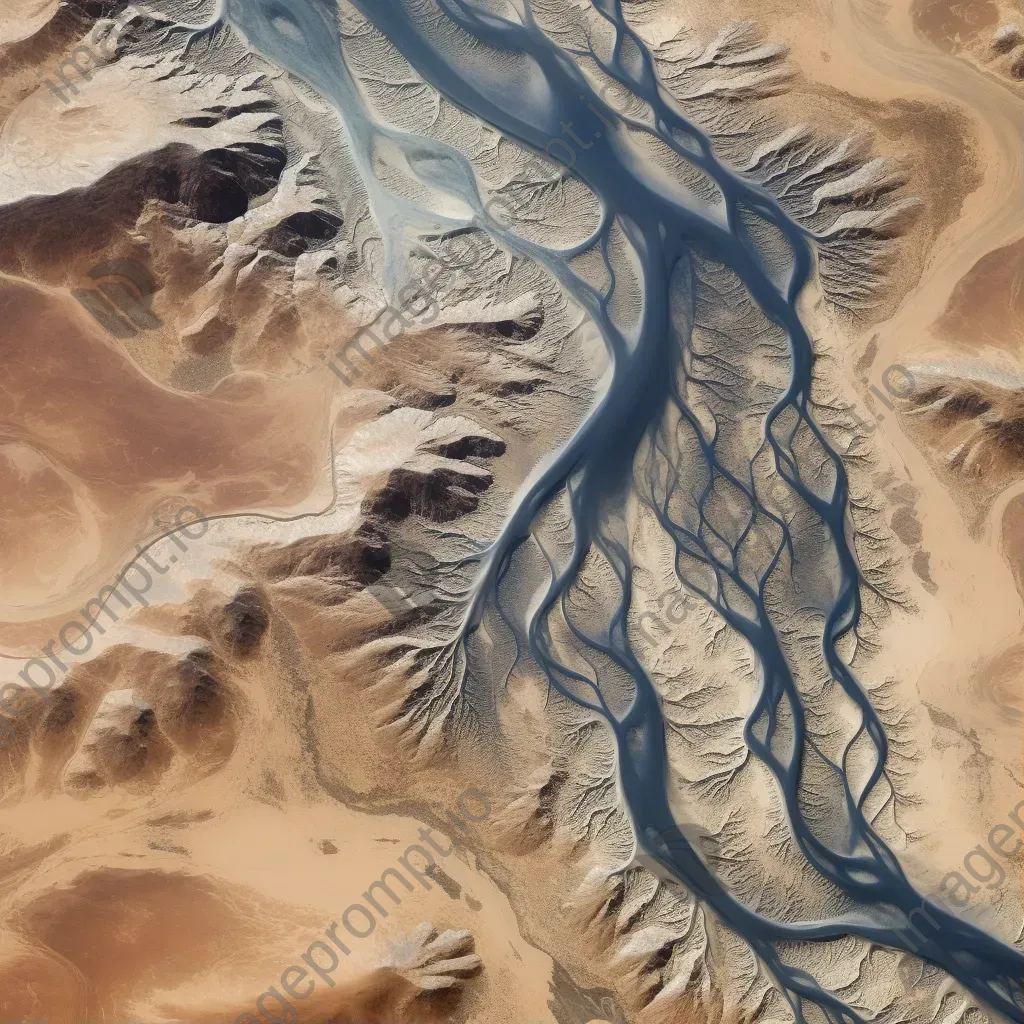 High-resolution satellite image of an arid desert landscape with a winding river, sand dunes, and sparse vegetation. - Image 1