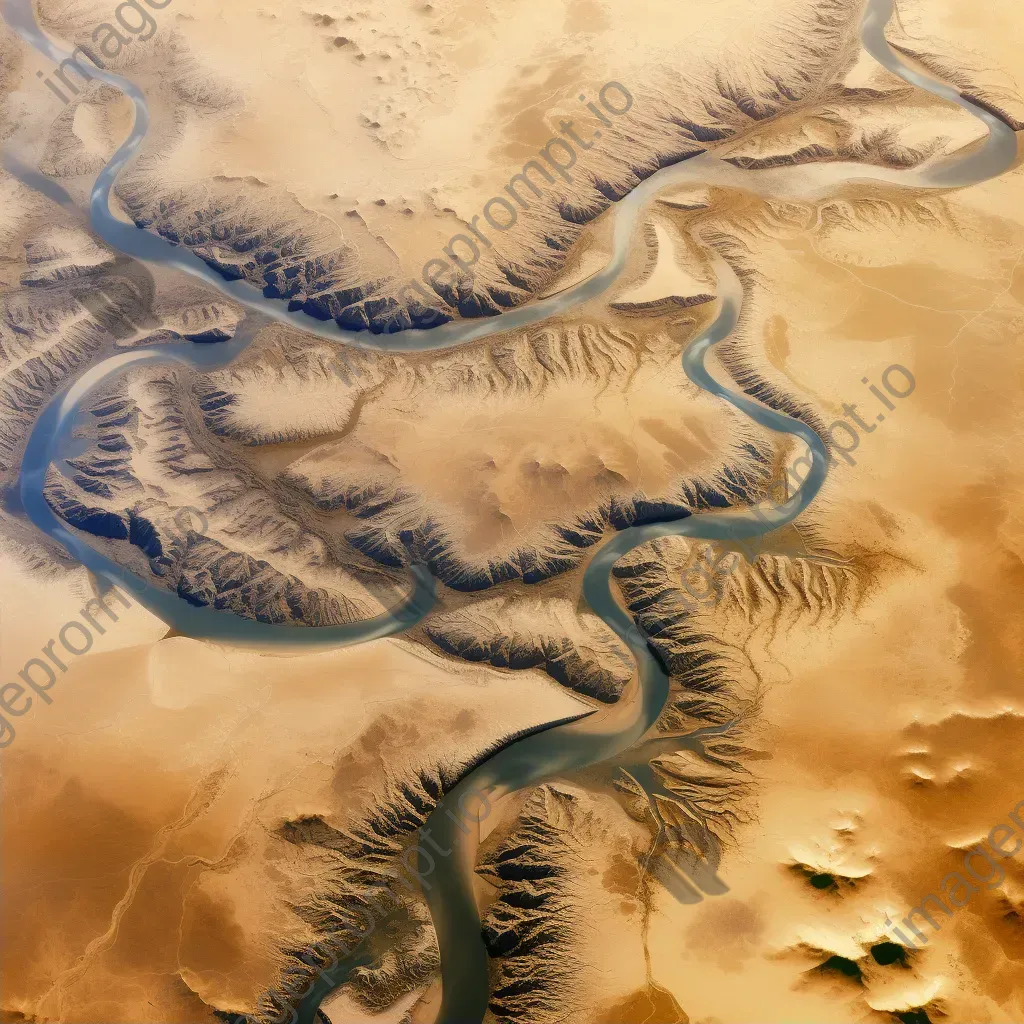 High-resolution satellite image of an arid desert landscape with a winding river, sand dunes, and sparse vegetation. - Image 2