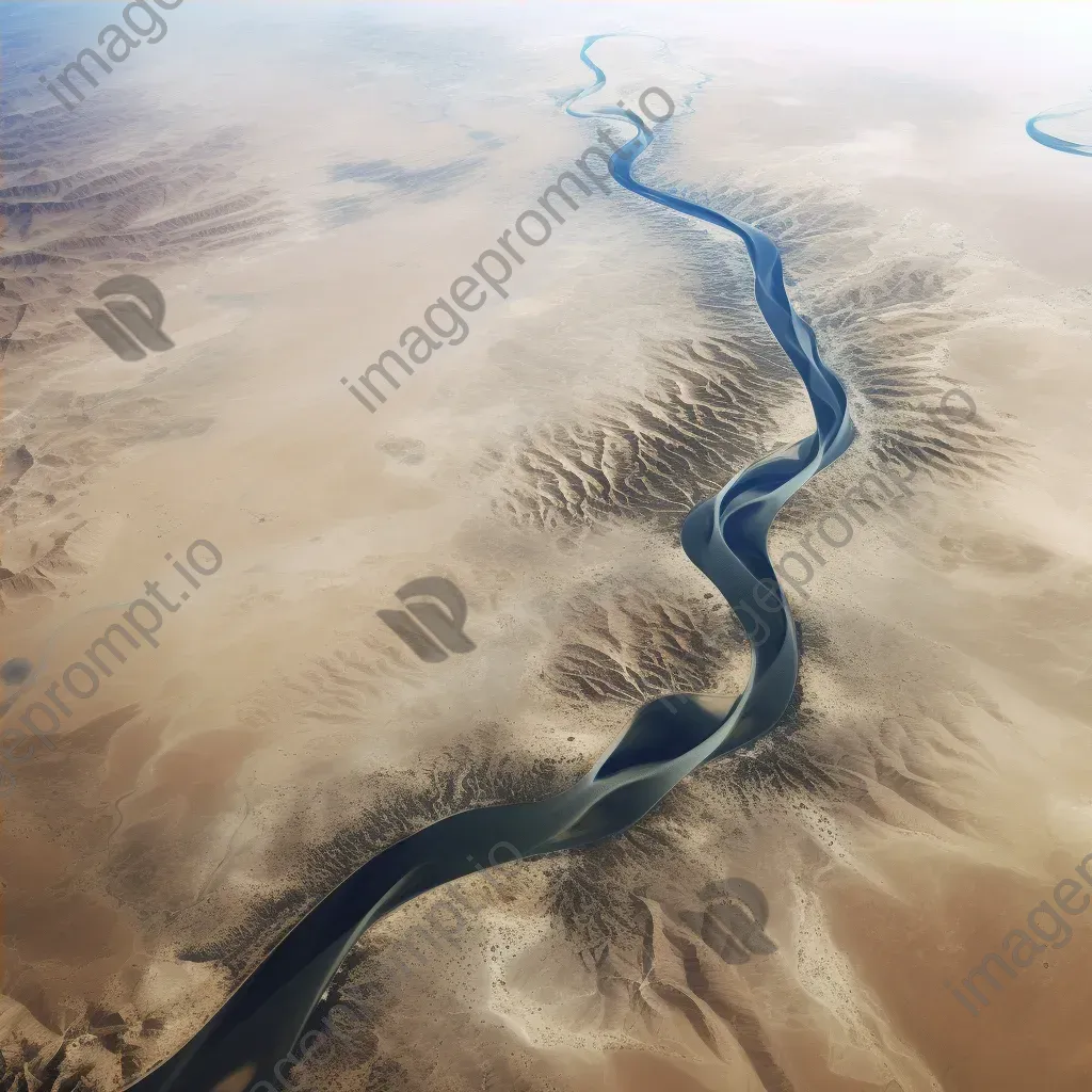 High-resolution satellite image of an arid desert landscape with a winding river, sand dunes, and sparse vegetation. - Image 4