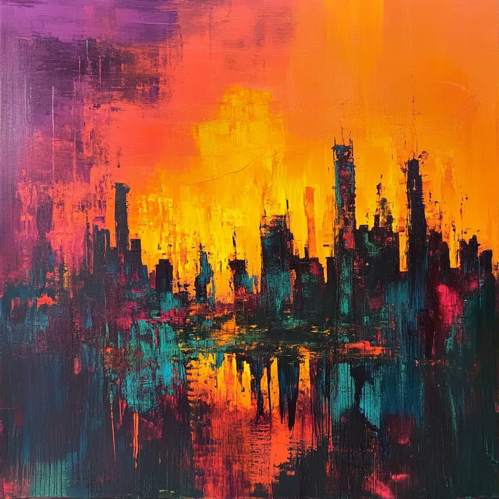 Abstract expressionist depiction of sunset over an industrial city - Image 1