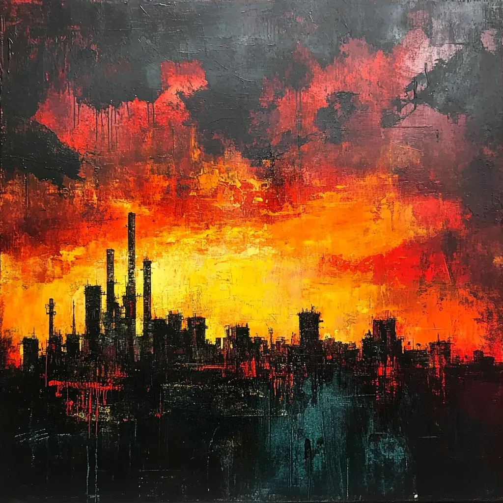 Abstract expressionist depiction of sunset over an industrial city - Image 3