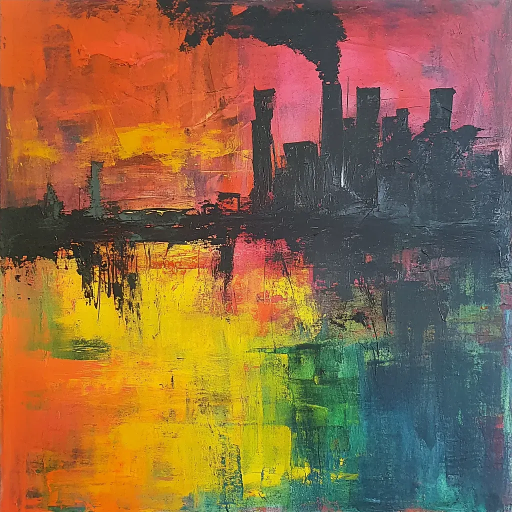 Abstract expressionist depiction of sunset over an industrial city - Image 4