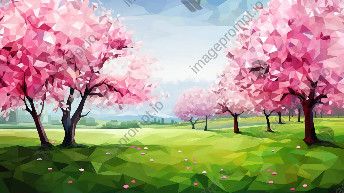 Polygonal depiction of lush spring meadow with cherry blossoms - Image 1