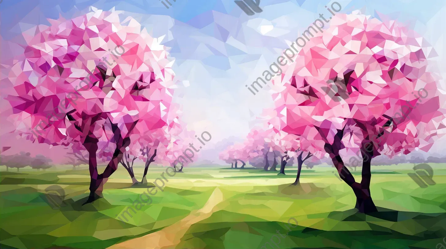 Polygonal depiction of lush spring meadow with cherry blossoms - Image 2