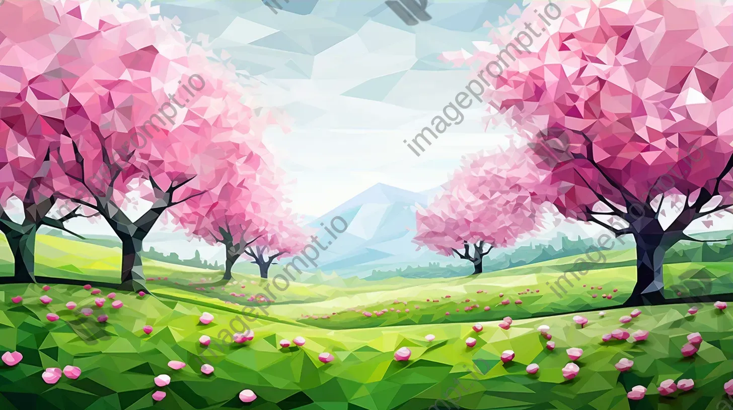 Polygonal depiction of lush spring meadow with cherry blossoms - Image 3