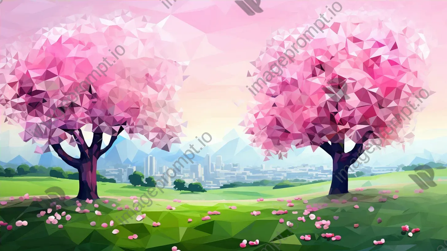 Polygonal depiction of lush spring meadow with cherry blossoms - Image 4