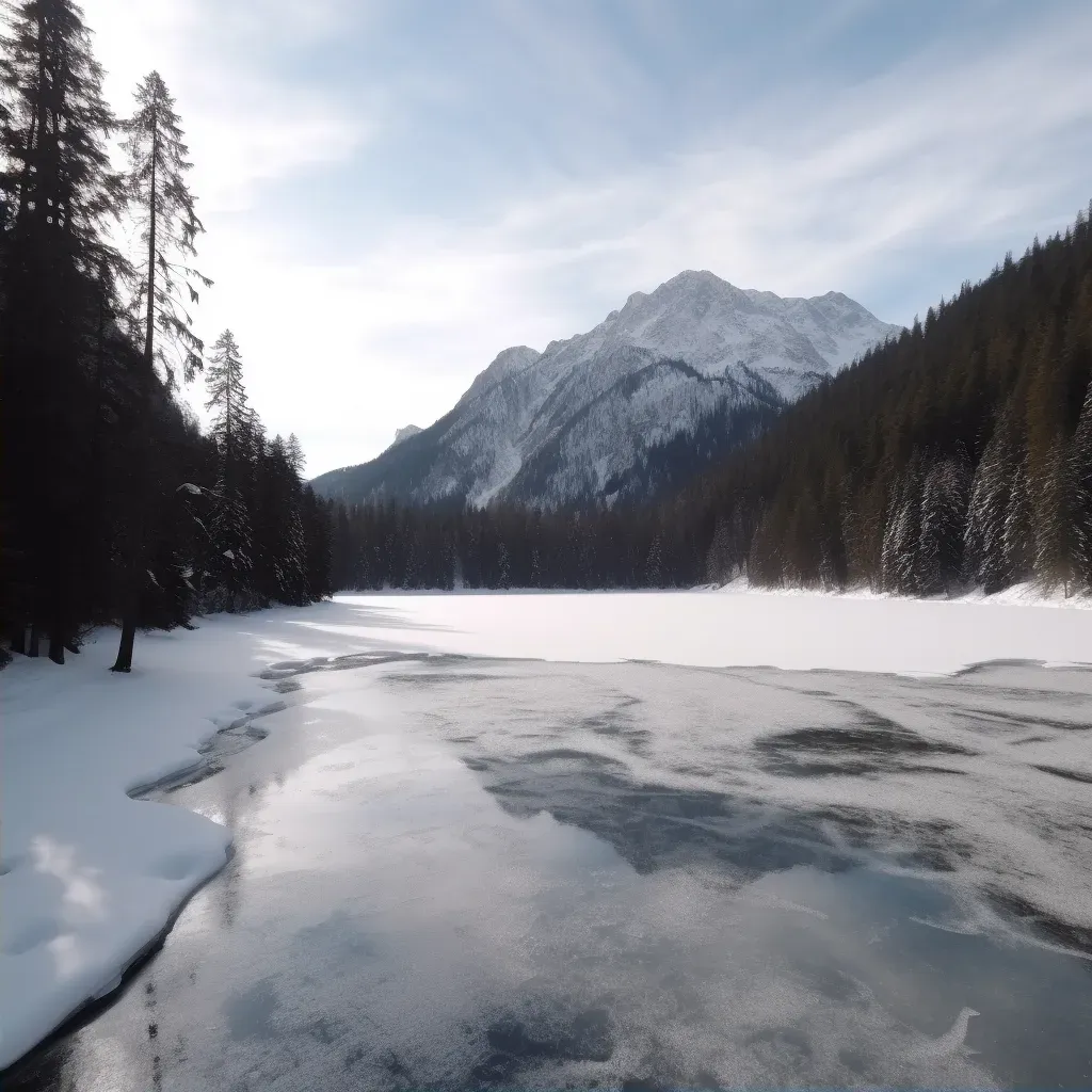 Aerial view of a frozen lake with snow-covered pine trees - Image 2