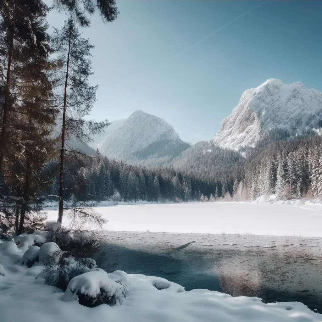 Aerial view of a frozen lake with snow-covered pine trees - Image 4