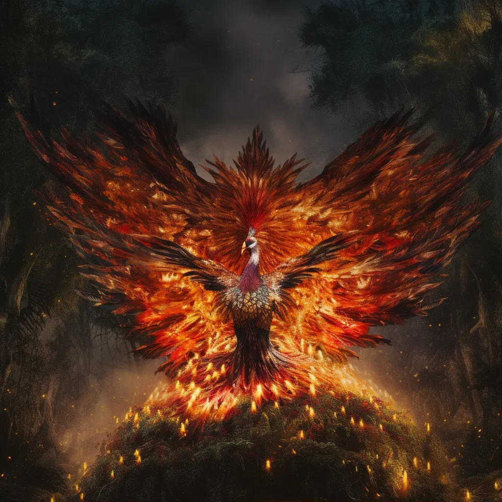 Image of a phoenix rising from ashes in a dark forest - Image 1