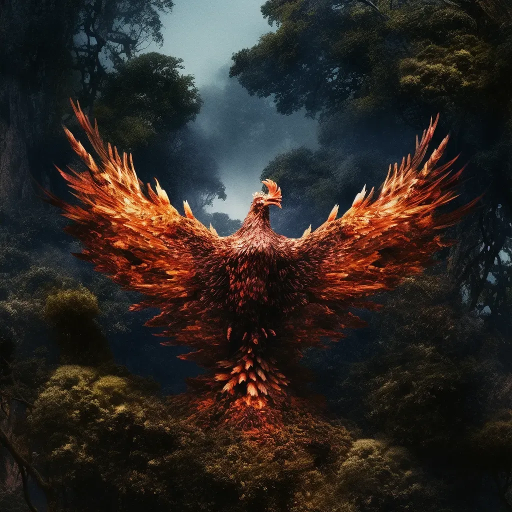 Image of a phoenix rising from ashes in a dark forest - Image 2