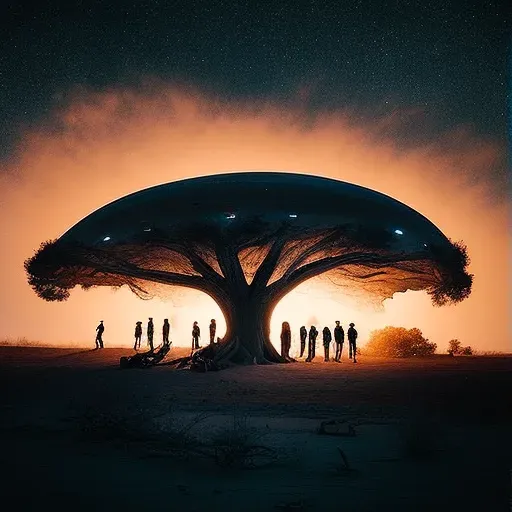 Illustration of human explorers meeting an alien tribe near a giant extraterrestrial tree - Image 1