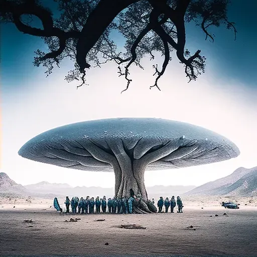 Illustration of human explorers meeting an alien tribe near a giant extraterrestrial tree - Image 2