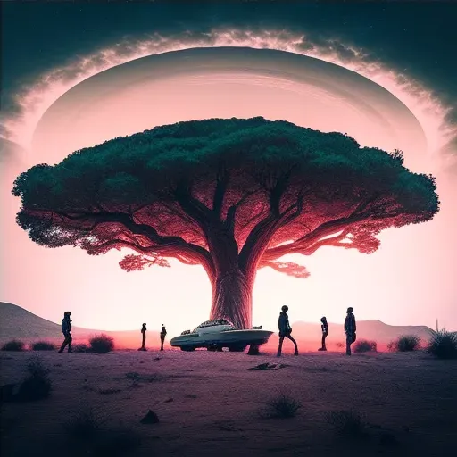 Illustration of human explorers meeting an alien tribe near a giant extraterrestrial tree - Image 4