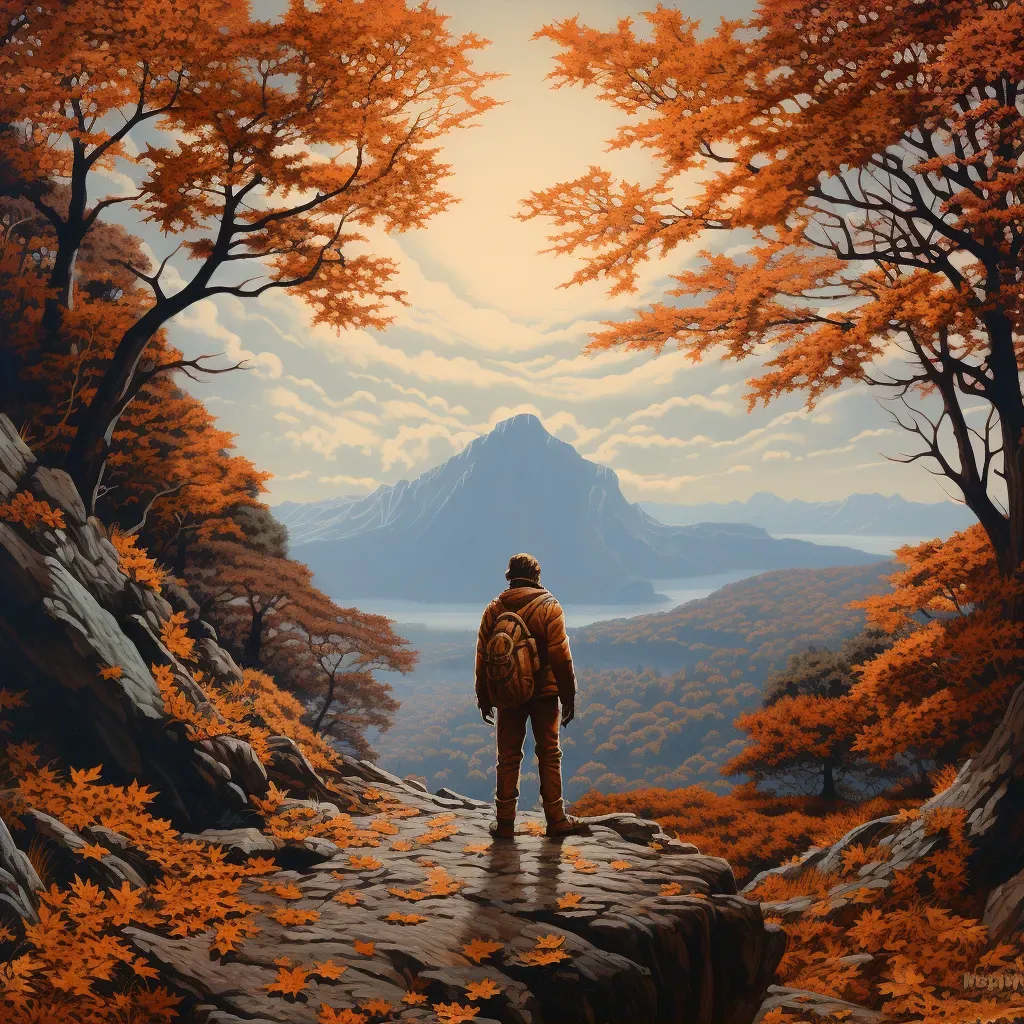 Lone hiker standing on mountain summit with autumn landscape - Image 1