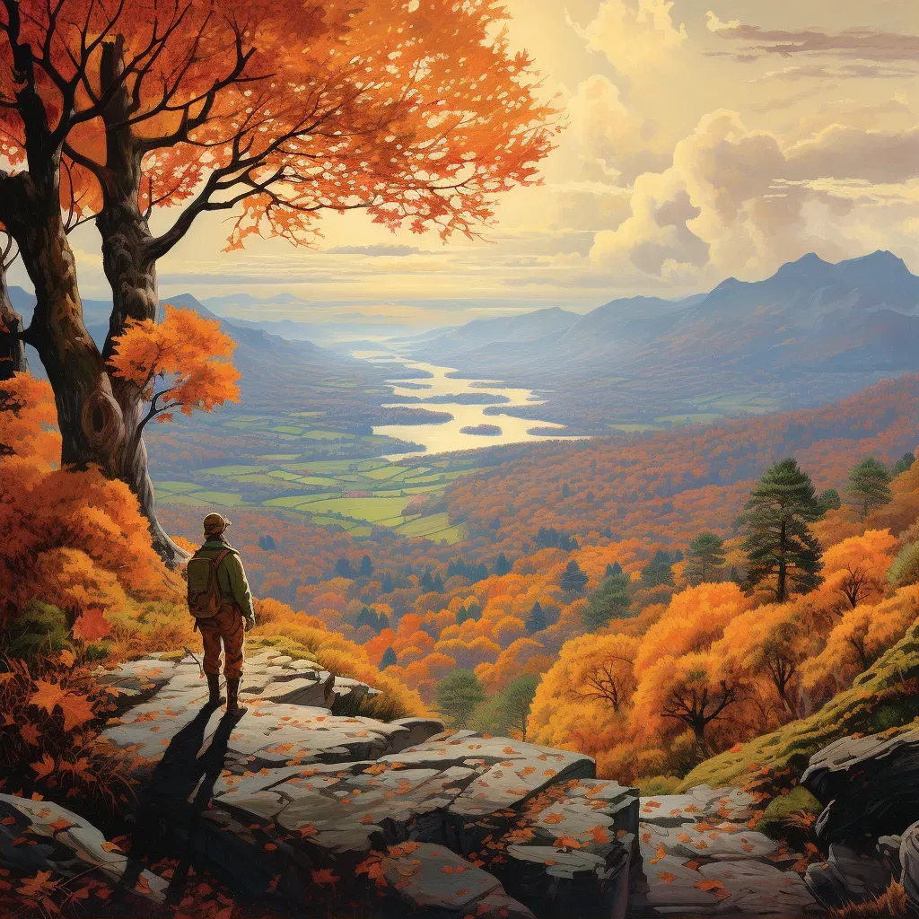 Lone hiker standing on mountain summit with autumn landscape - Image 2