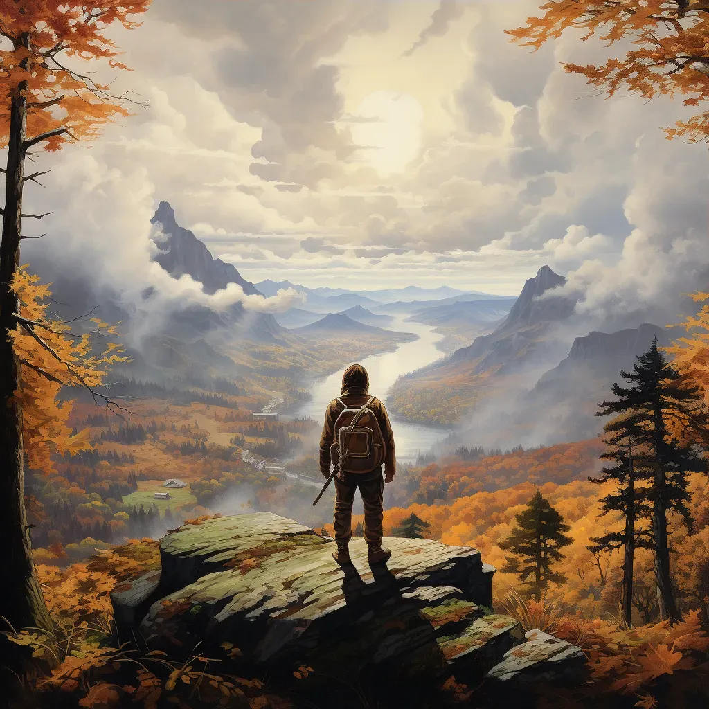 Lone hiker standing on mountain summit with autumn landscape - Image 3