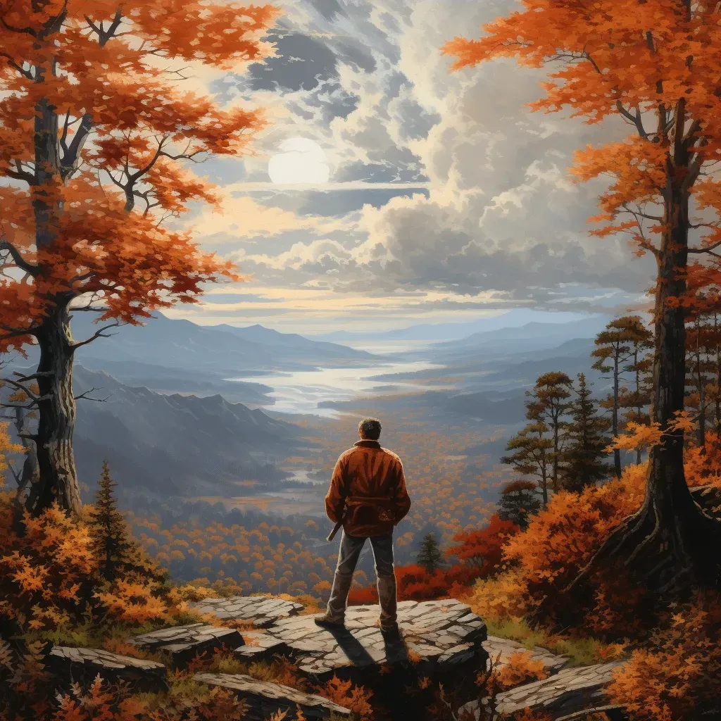 Lone hiker standing on mountain summit with autumn landscape - Image 4