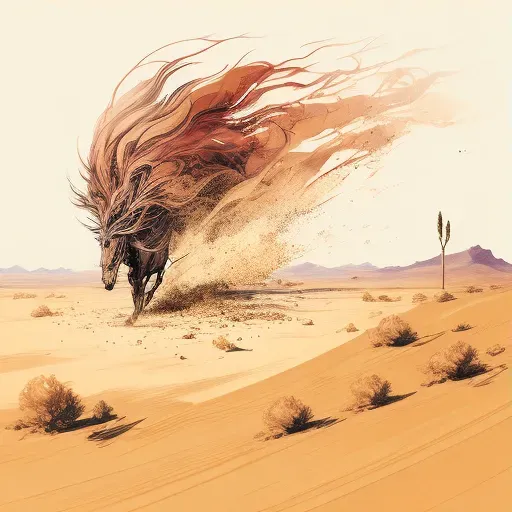 Illustration of a dust devil swirling in a desert landscape with tumbleweeds caught in the wind. - Image 3