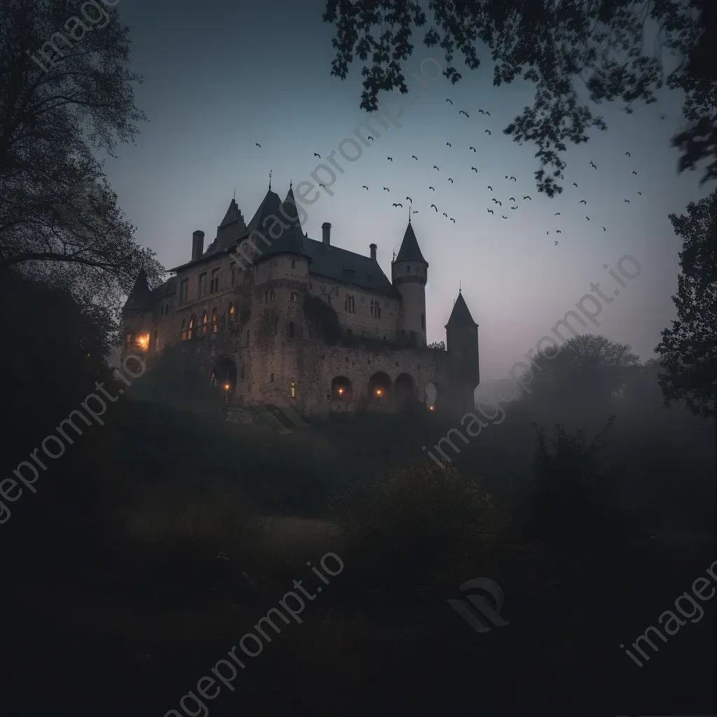 Haunted castle under moonlight with bats flying - Image 1