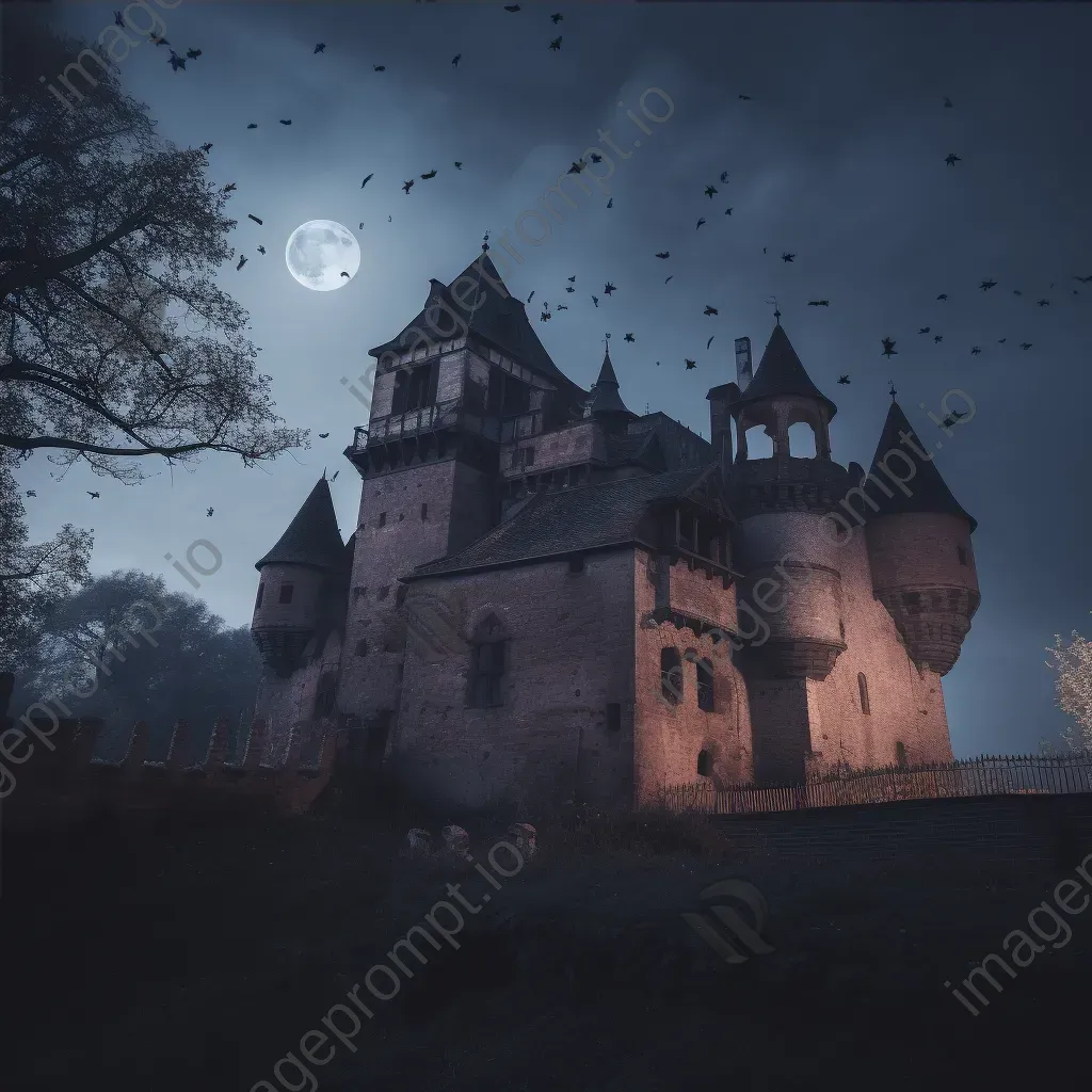 Haunted castle under moonlight with bats flying - Image 4