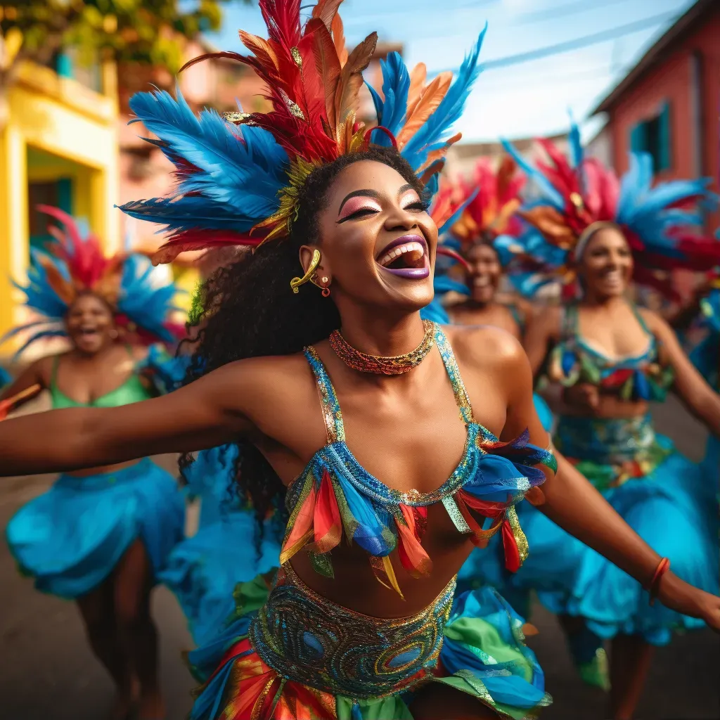 Town carnival with locals in colorful costumes celebrating with music and dance - Image 1