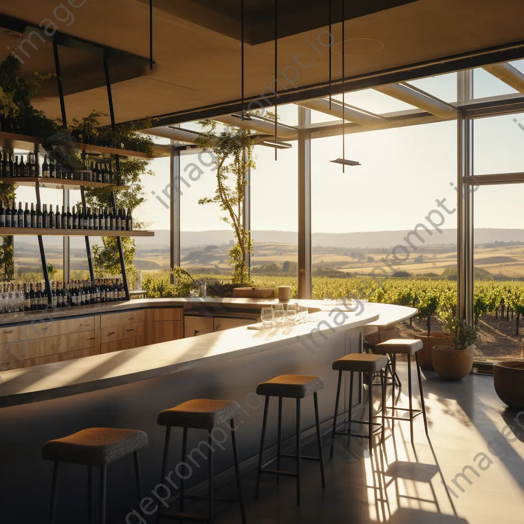 Vineyard tasting room interior with wine counters and views - Image 1