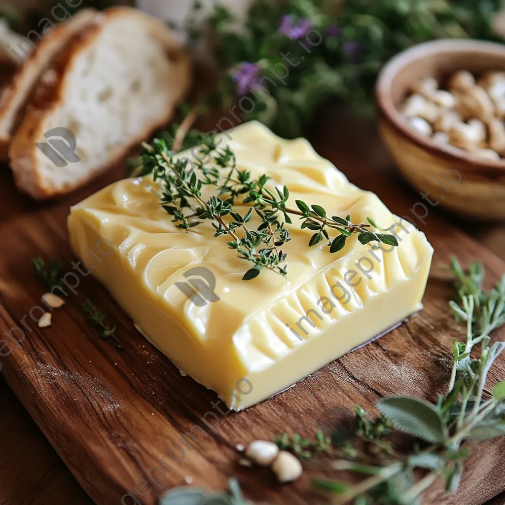 Homemade butter shaped decoratively on a wooden board with fresh herbs and bread - Image 1