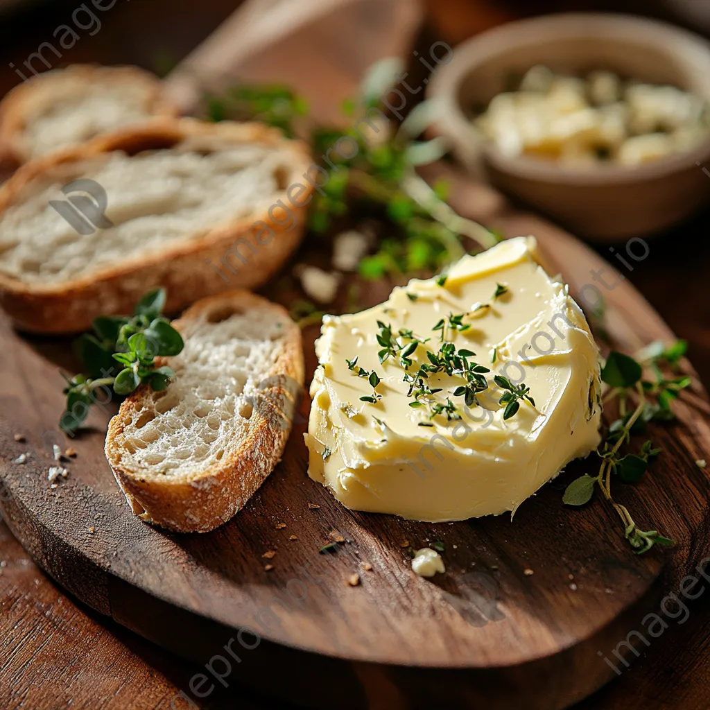 Homemade butter shaped decoratively on a wooden board with fresh herbs and bread - Image 2