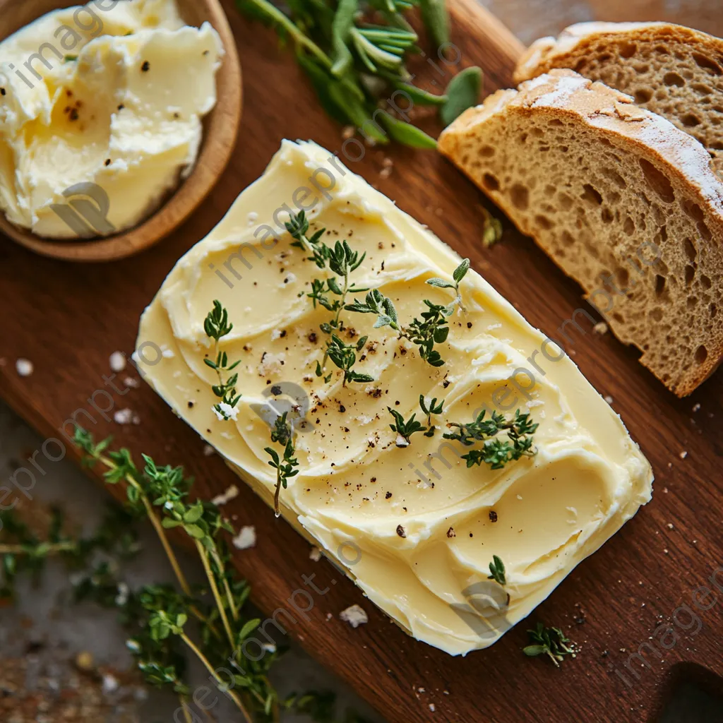 Homemade butter shaped decoratively on a wooden board with fresh herbs and bread - Image 4