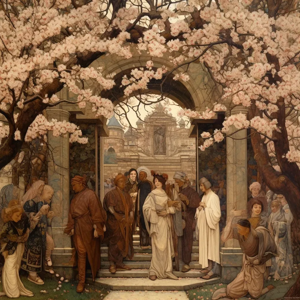 Tranquil reunion under cherry blossom trees in an afterlife setting - Image 1