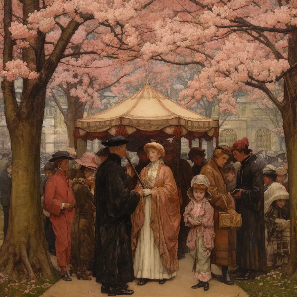 Tranquil reunion under cherry blossom trees in an afterlife setting - Image 3