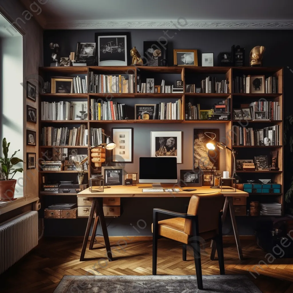 Artistic home office with bookshelves and creative decor - Image 3