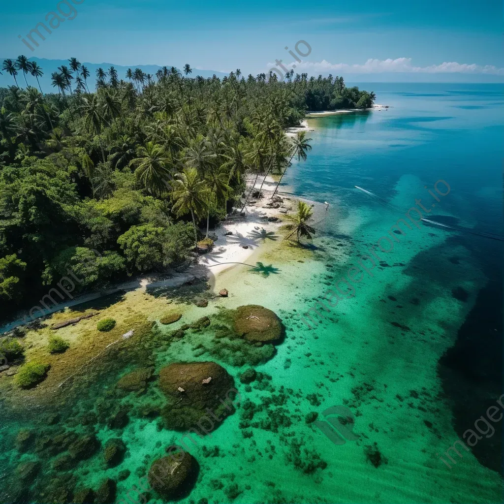 Aerial view of a tropical island with crystal clear waters and lush green palm trees - Image 1