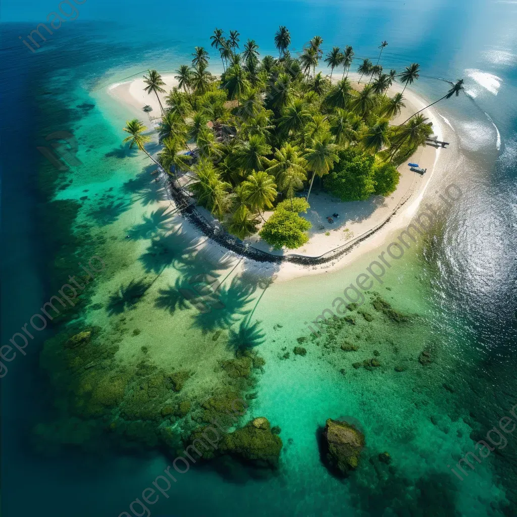 Aerial view of a tropical island with crystal clear waters and lush green palm trees - Image 2