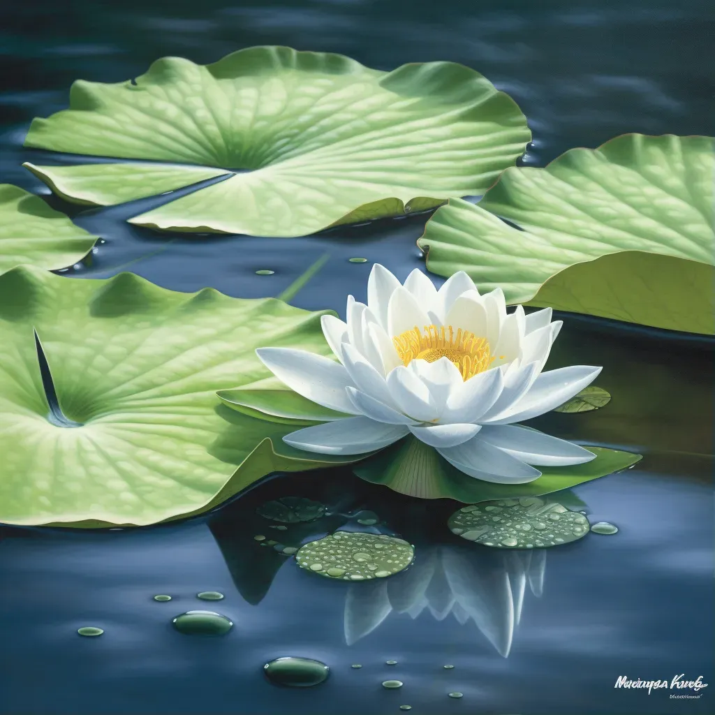 Image of a single, dew-kissed lotus leaf floating on a serene pond - Image 1