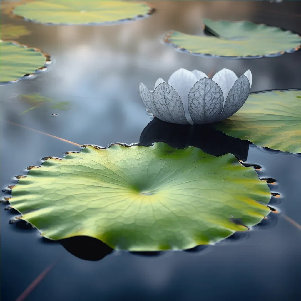 Image of a single, dew-kissed lotus leaf floating on a serene pond - Image 4