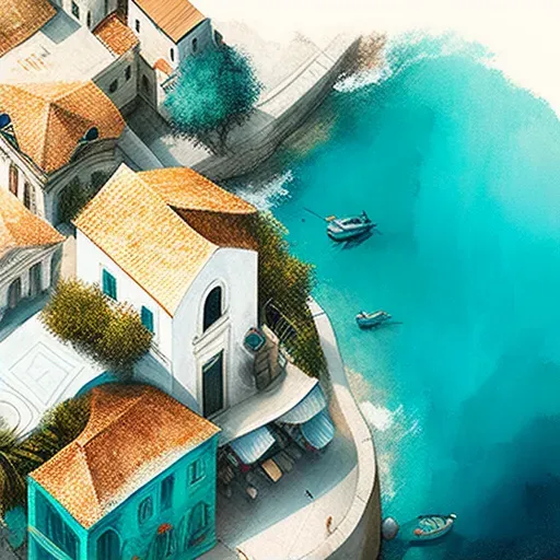 Overhead view of a coastal town with blue roofs and white walls, next to a turquoise sea - Image 2