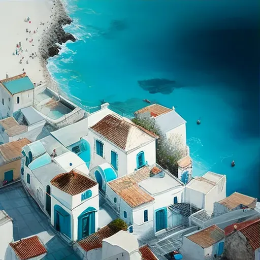 Overhead view of a coastal town with blue roofs and white walls, next to a turquoise sea - Image 3