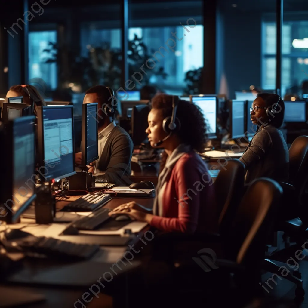 Diverse customer support team working in an open office with headsets - Image 1