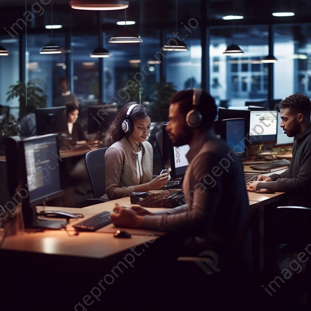 Diverse customer support team working in an open office with headsets - Image 2