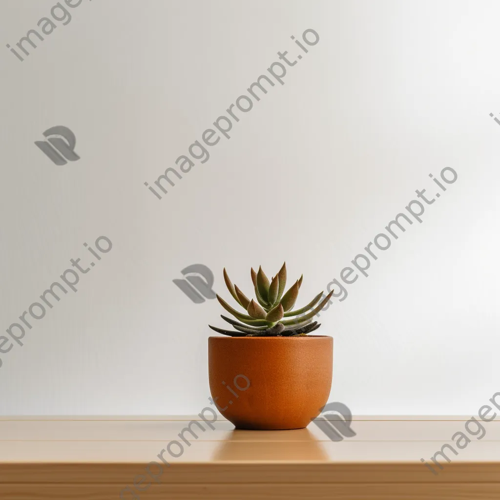 Single potted succulent on wooden table against white wall - Image 1