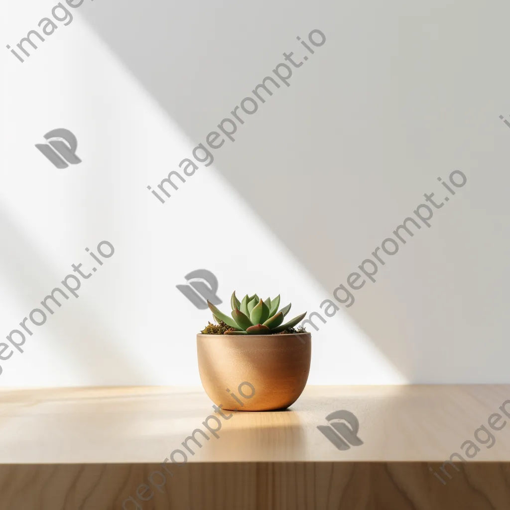 Single potted succulent on wooden table against white wall - Image 2