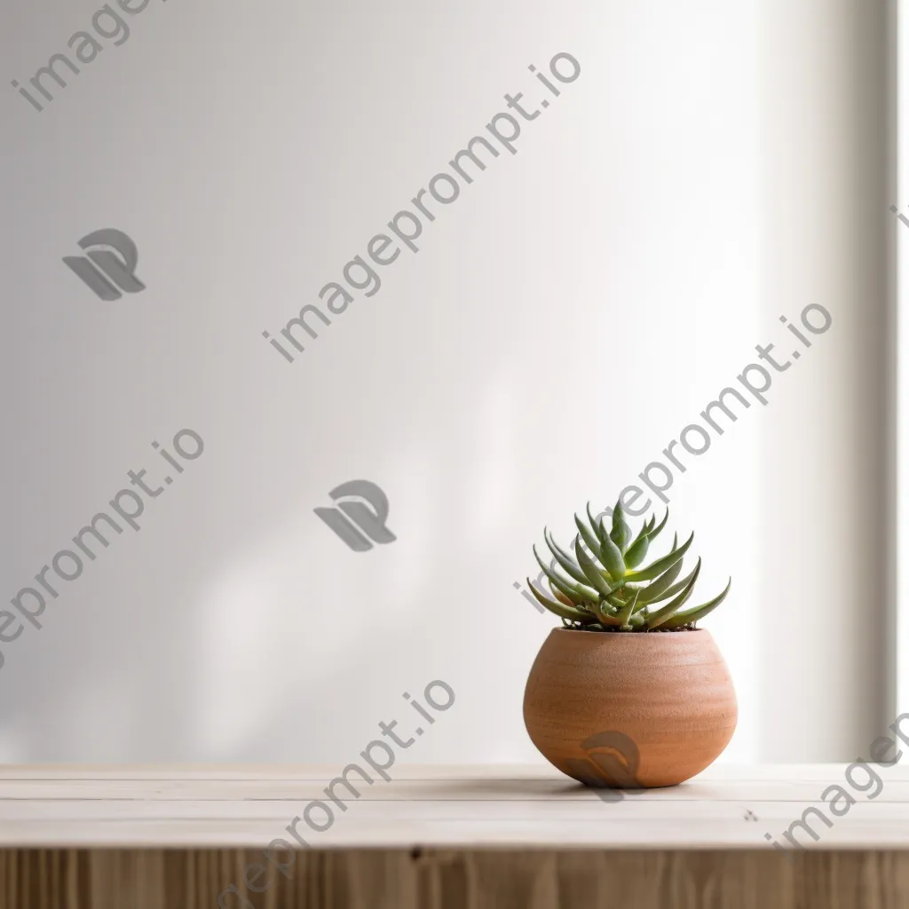 Single potted succulent on wooden table against white wall - Image 3