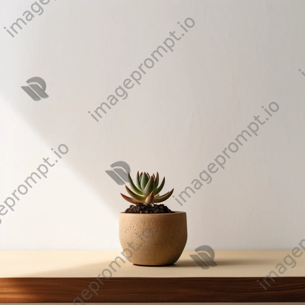 Single potted succulent on wooden table against white wall - Image 4