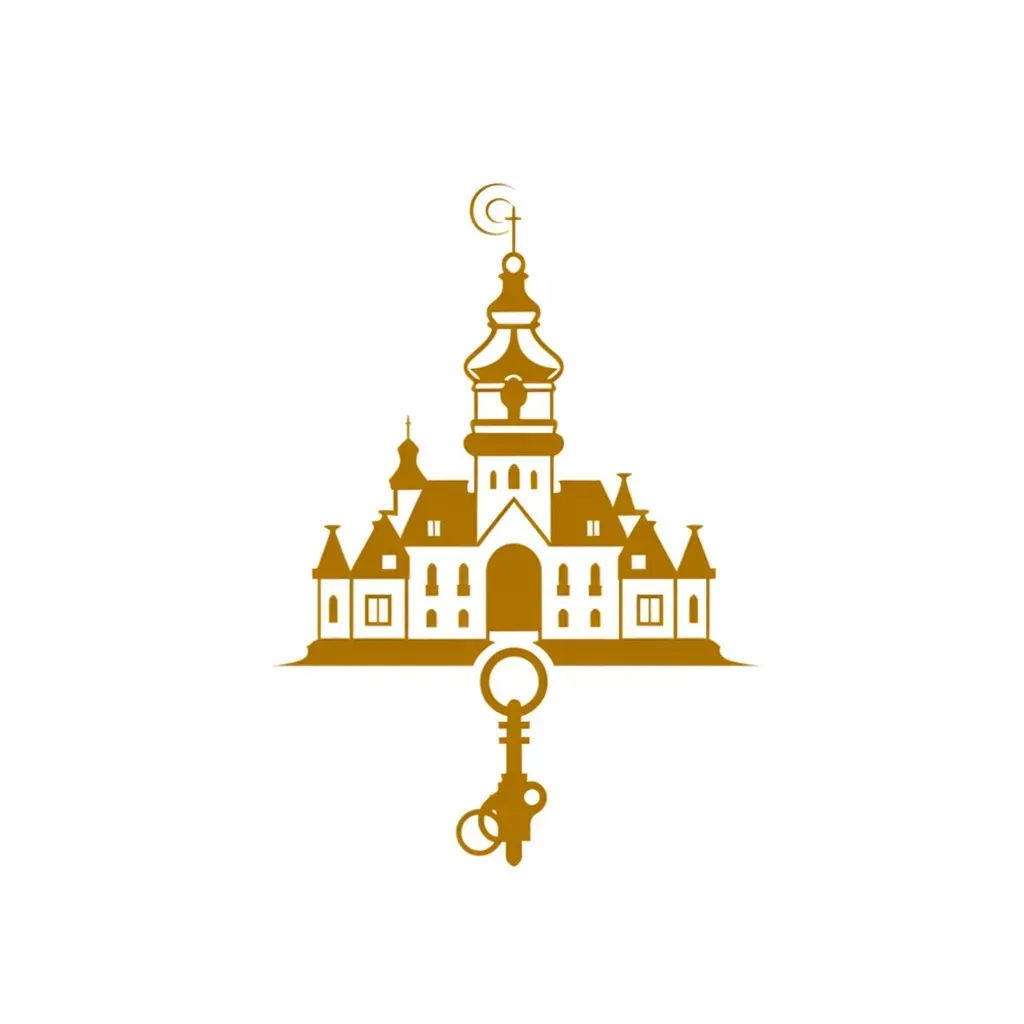 Grand mansion silhouette with golden key on white background - Image 1